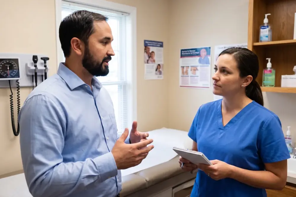 An onsite technology consultation in a healthcare office.